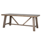Perspective view of the Haldon wooden large dining table showing its sturdy A-frame trestle leg construction