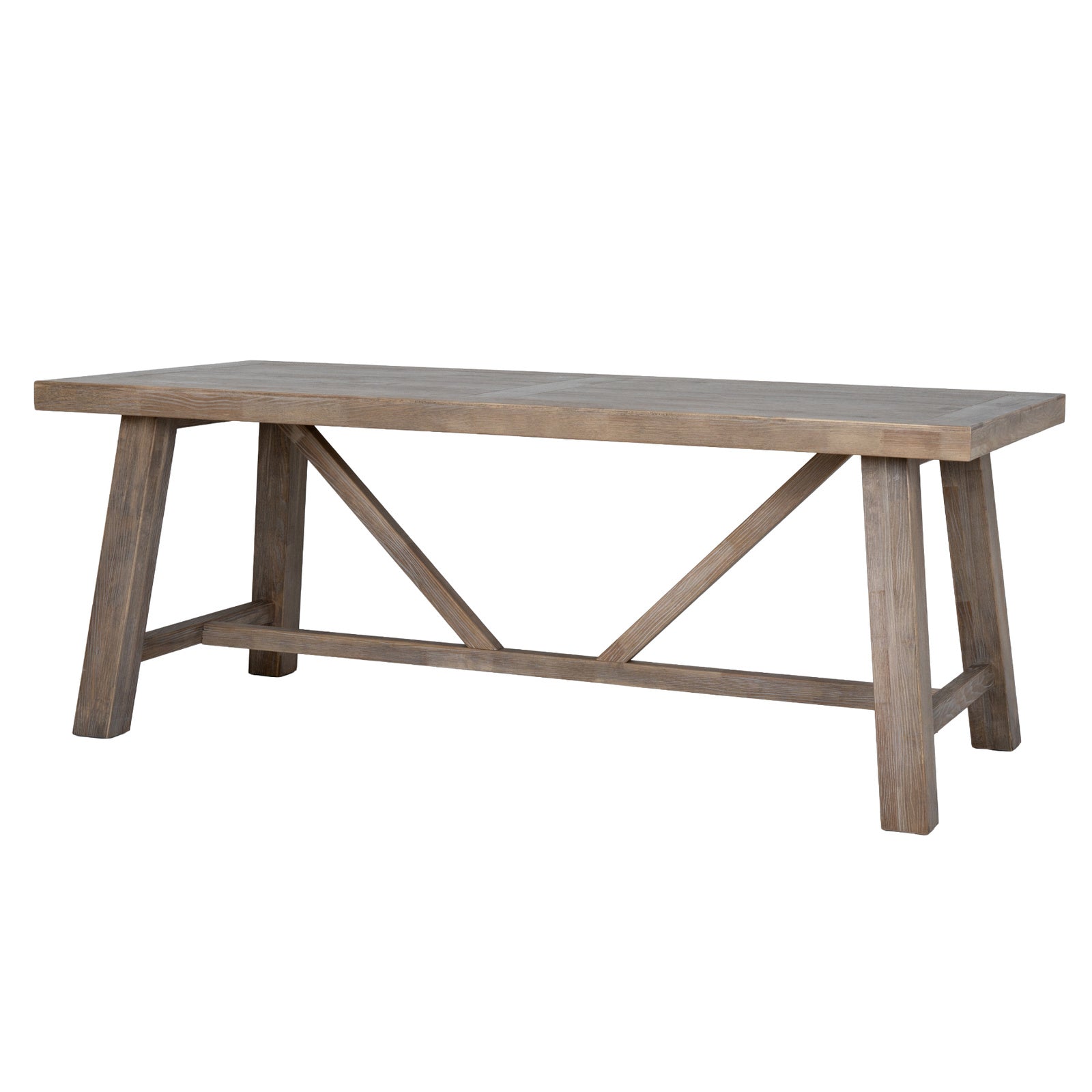 Perspective view of the Haldon wooden large dining table showing its sturdy A-frame trestle leg construction