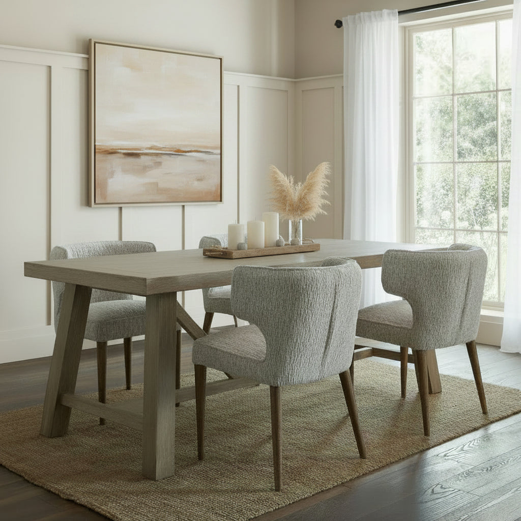Haldon wooden large dining table styled in a dining room with boucle chairs on a natural woven rug 
