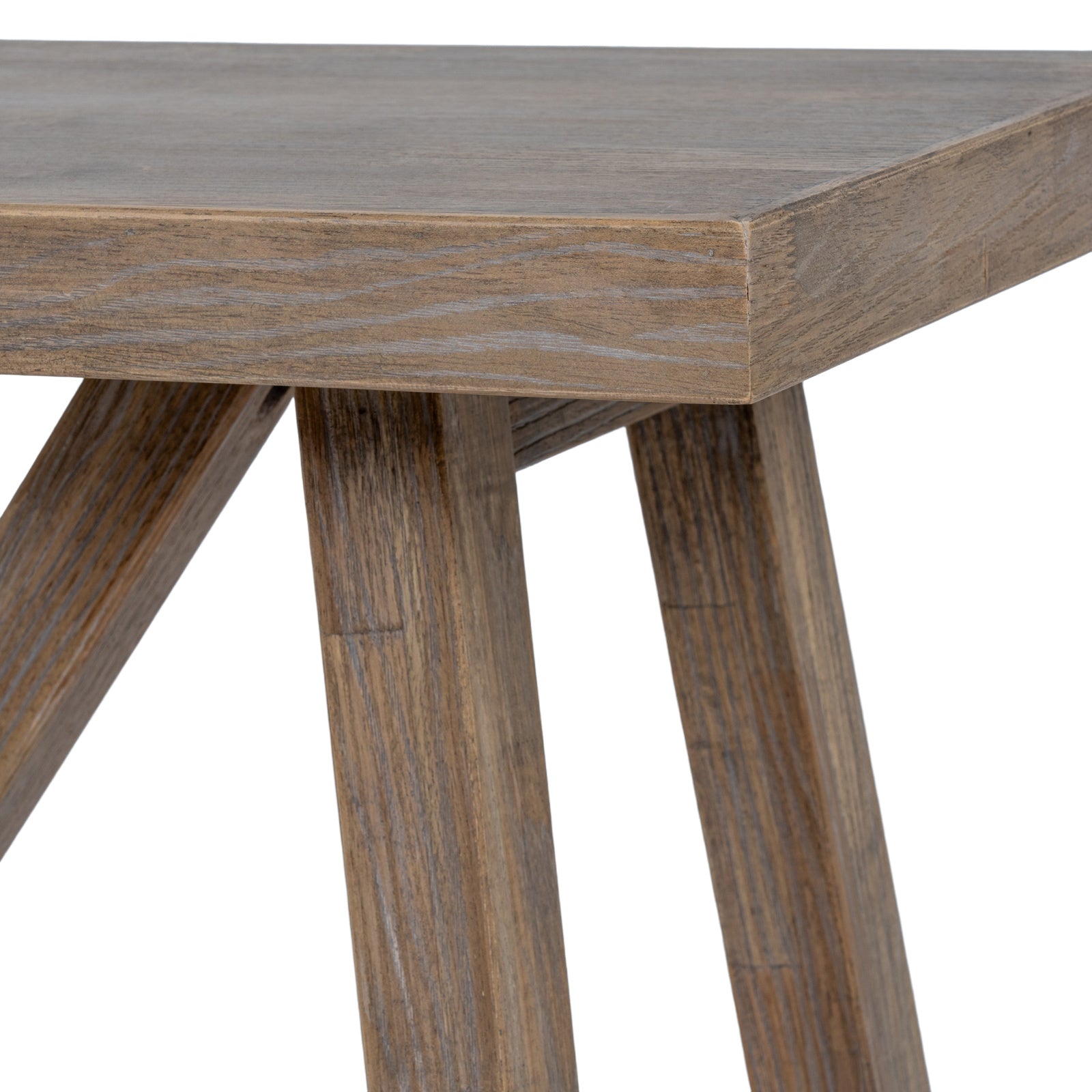 Close-up shot of the natural wood grain texture and tabletop corner finish on the Haldon console table