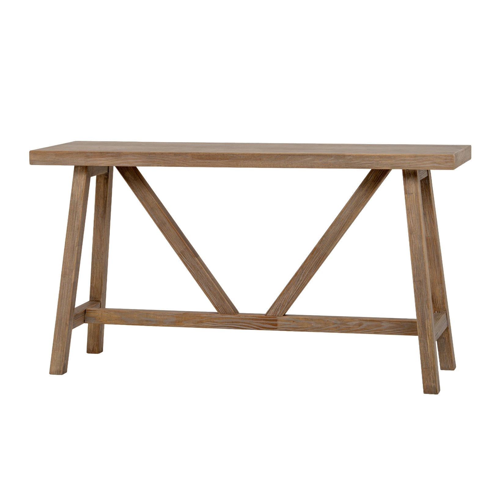 Front view showing the clean horizontal surface and diagonal trestle bracing of the Haldon wooden console table