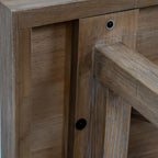 Underneath detail view showing the heavy-duty leg joinery and support frame hardware of the Haldon console table