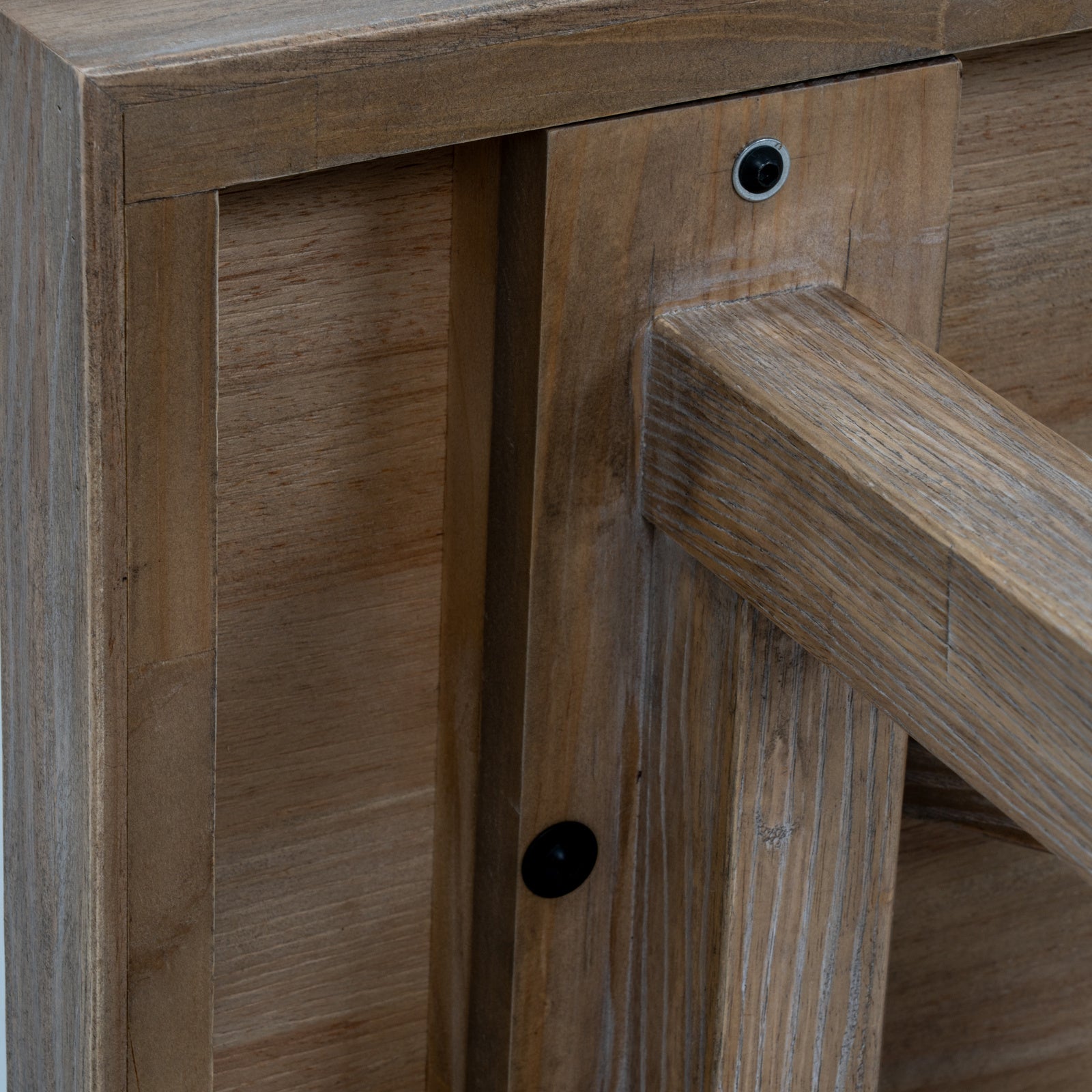 Underneath detail view showing the heavy-duty leg joinery and support frame hardware of the Haldon console table