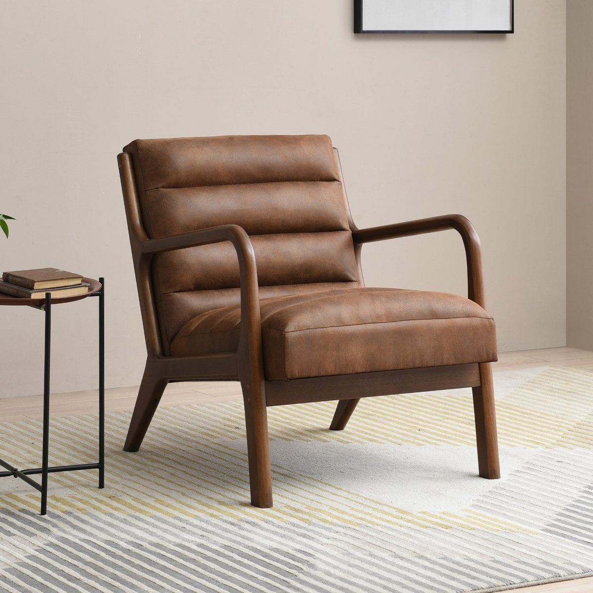 Inca armchair in brown PU faux leather placed in a warm contemporary living room