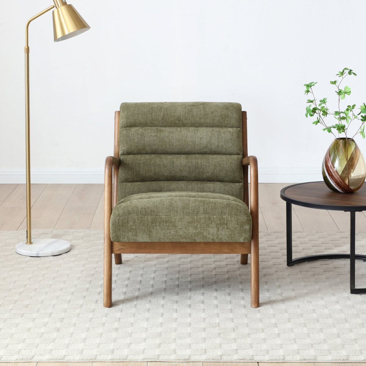 Inca ribbed accent chair in olive green chenille with warm walnut wood frame