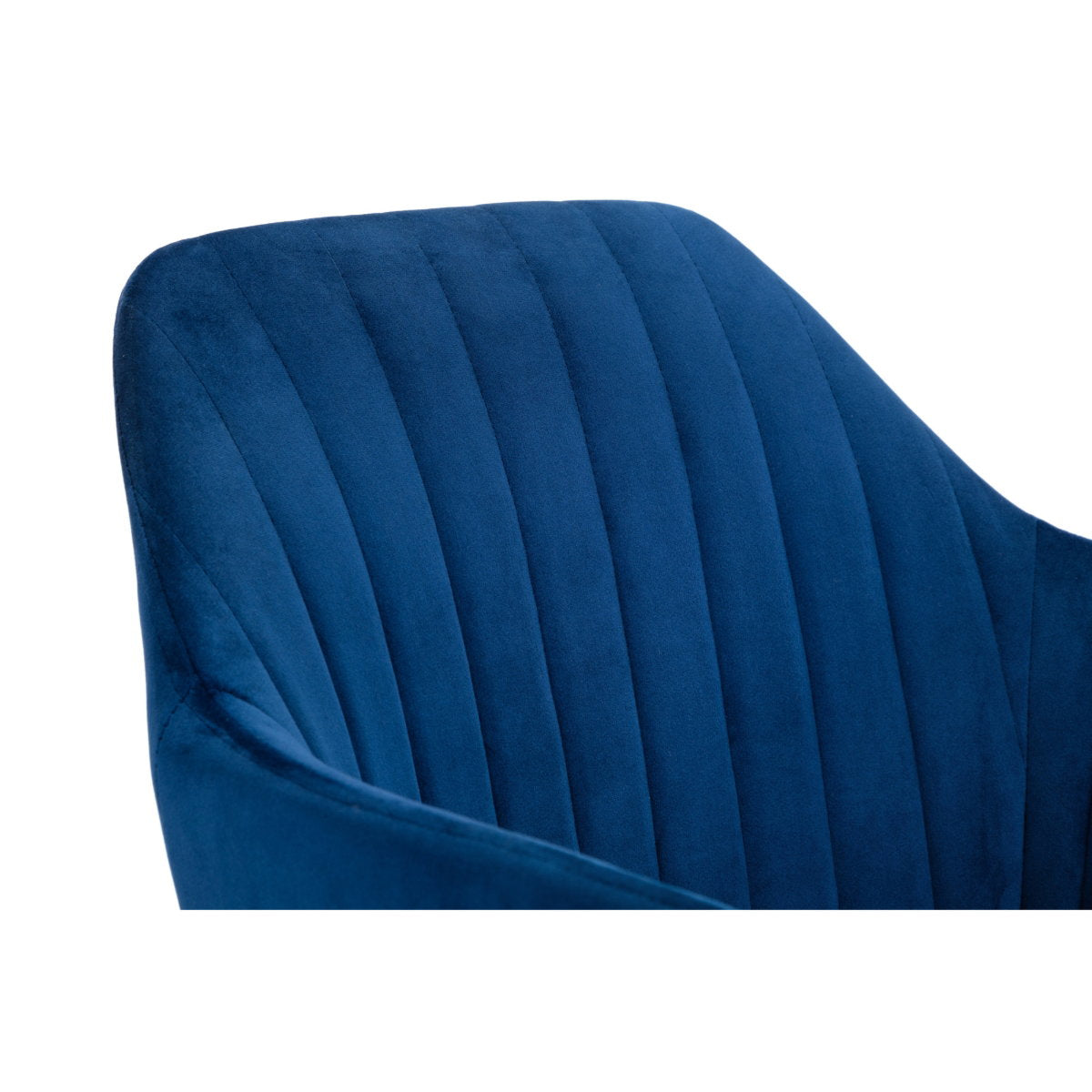 Upper section of the Kahlo blue velvet curved backrest showing channel-tufted fabric texture.