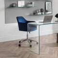 Kahlo blue velvet swivel office chair styled with a glass desk in a modern home office setting.