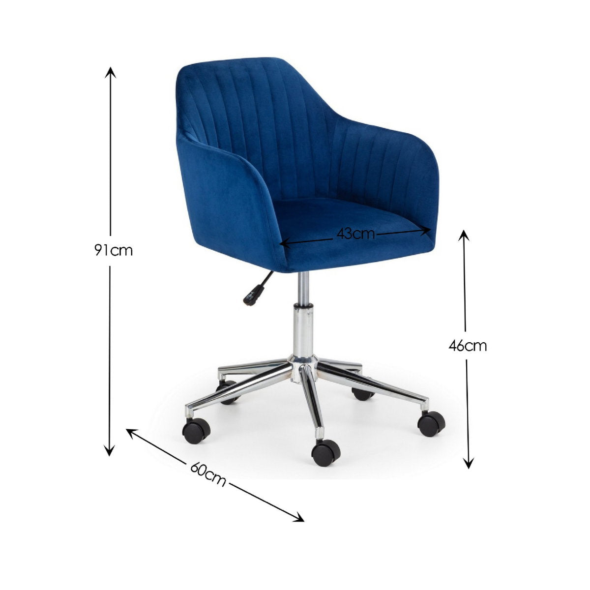 Dimension diagram showing the overall height, width, and depth measurements for the Kahlo swivel office chair.