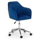 Front angle view of the Kahlo blue velvet swivel office chair with chrome base and castor wheels.