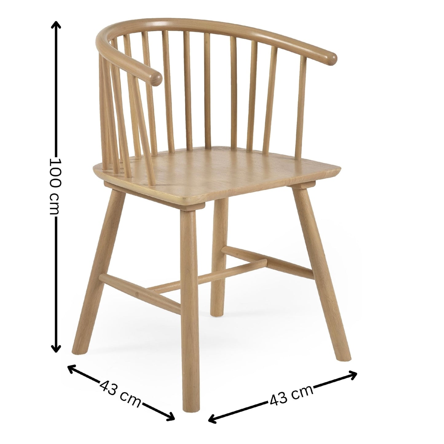 Dimension breakdown diagram displaying width, depth, and height measurements for the Kaito oak spindle dining chair