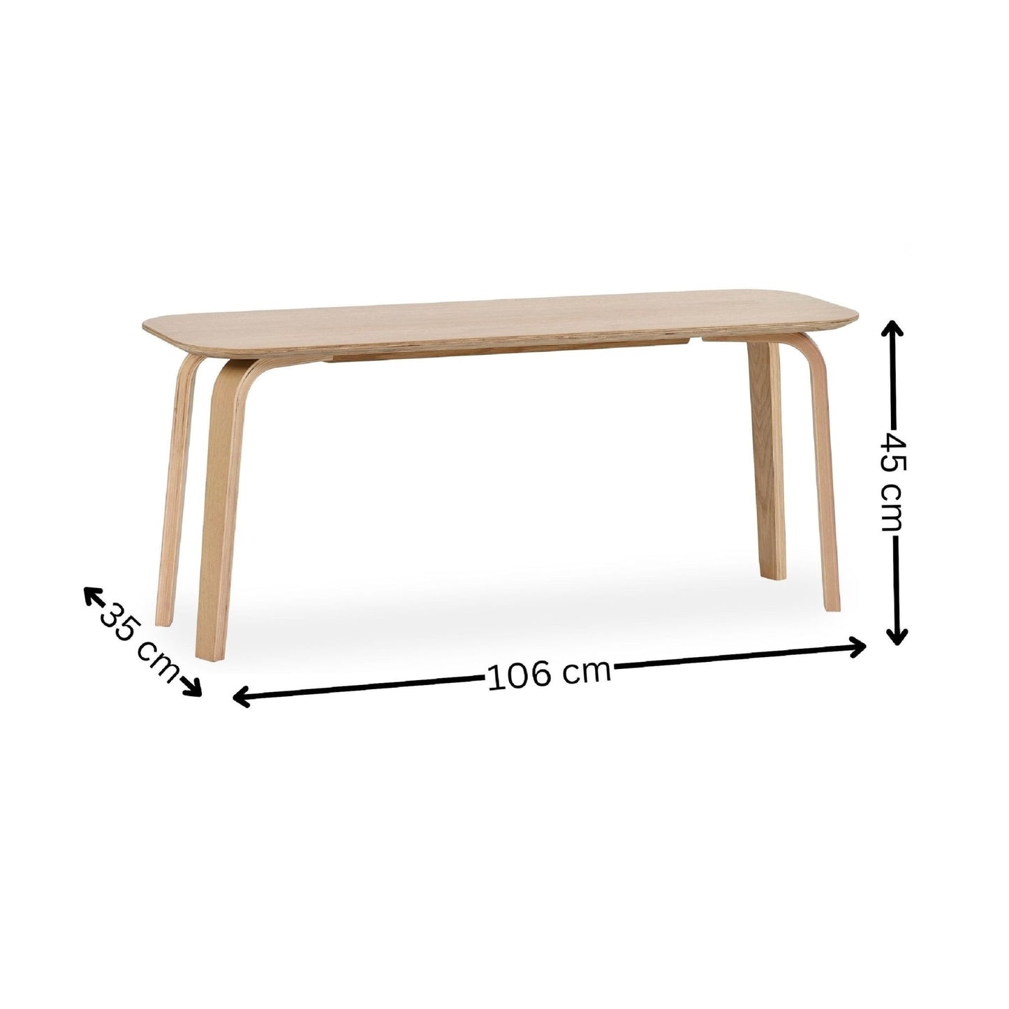 Dimension breakdown diagram displaying width, depth, and height measurements for the Kaito oak wooden dining bench