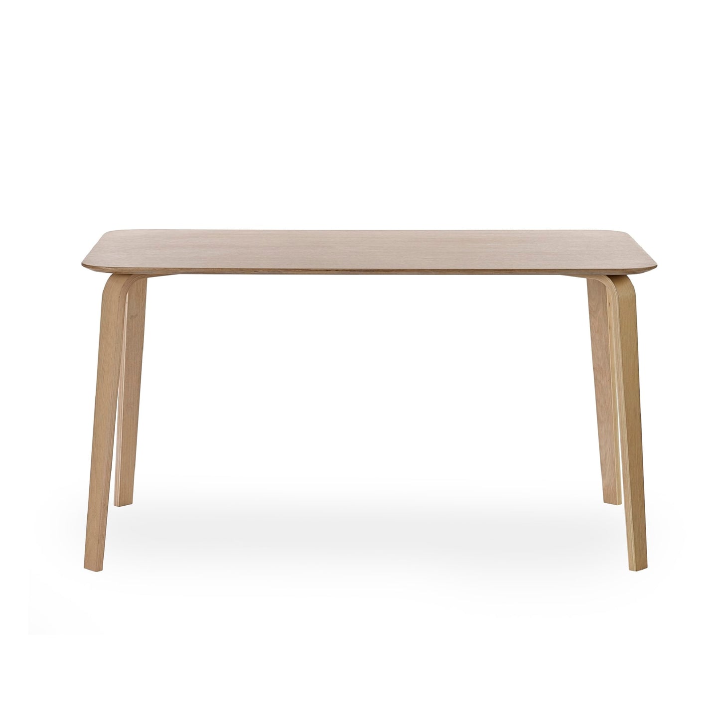 Front view studio shot displaying the clean lines and bentwood leg structure of the Kaito oak dining table
