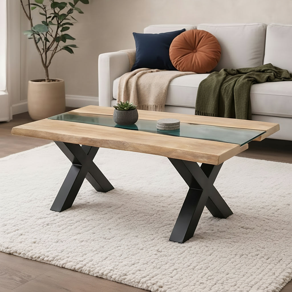 Live edge glass river acacia coffee table styled in a living room with a beige sofa and textured rug