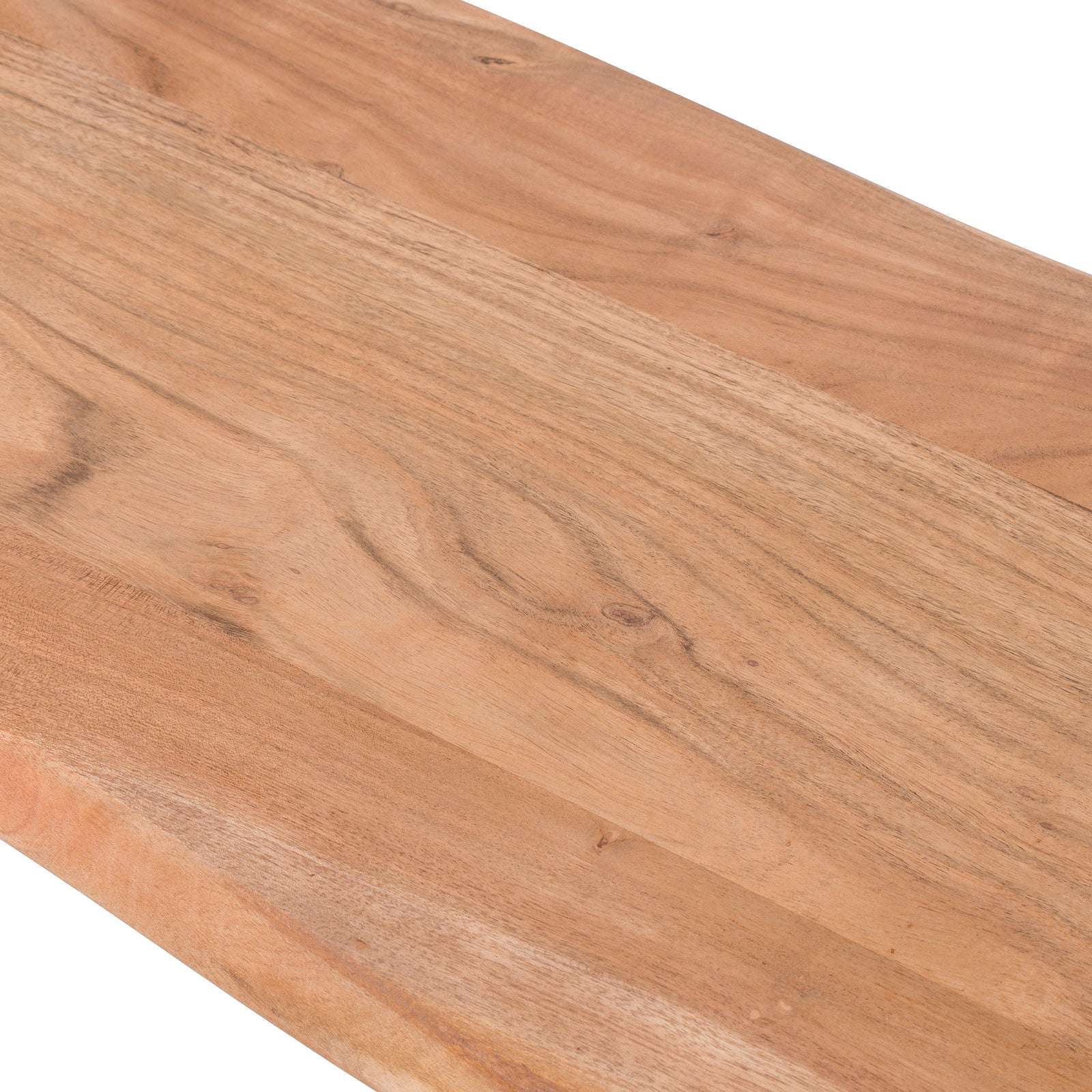 Close-up detail of natural wood grain and organic edge on solid acacia timber bench top