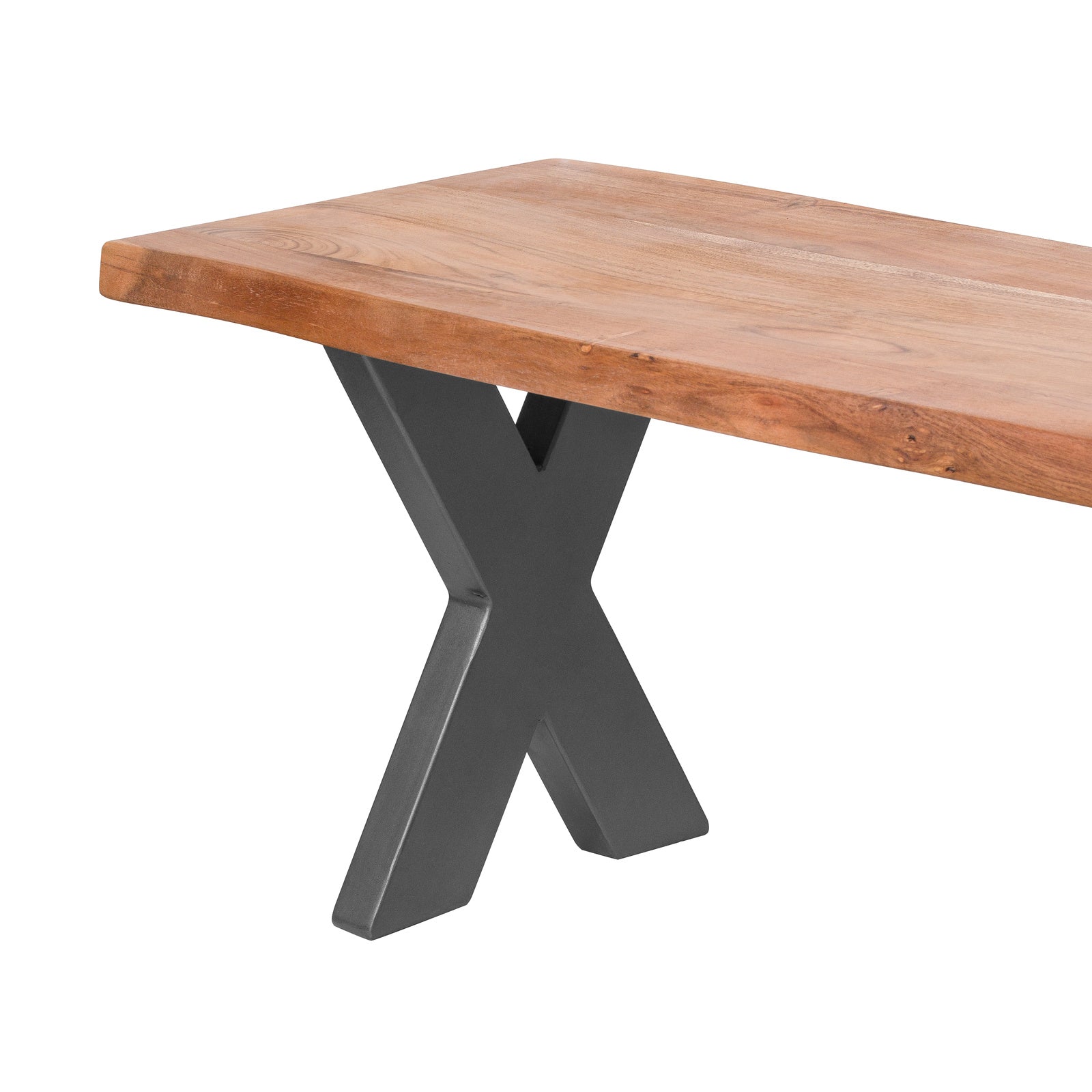 Detail view of the sturdy grey metal cross-leg base on the live edge wooden foyer bench