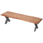 Full view of the live edge solid acacia wooden foyer bench with industrial grey x-frame legs