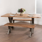 Live edge wooden dining and foyer bench styled with matching acacia dining table and grey metal legs
