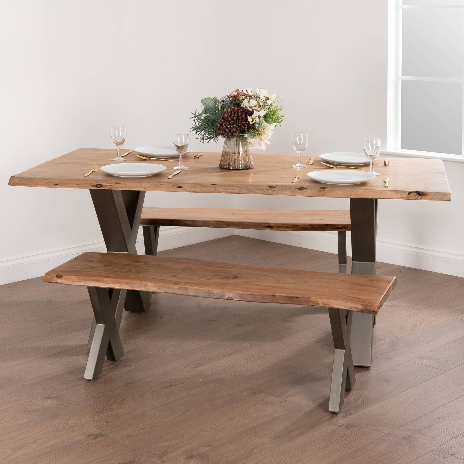Live edge wooden dining and foyer bench styled with matching acacia dining table and grey metal legs