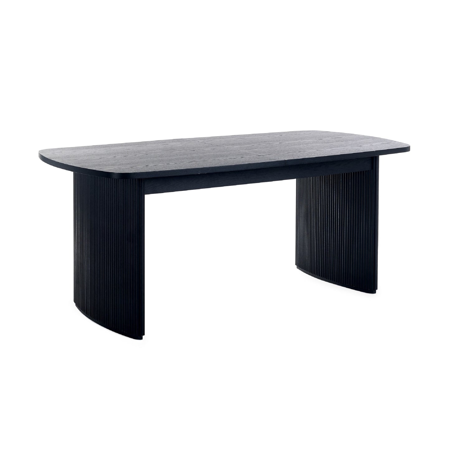 Front view showing the closed oval top and twin black fluted pedestal bases of the Louis extending dining table