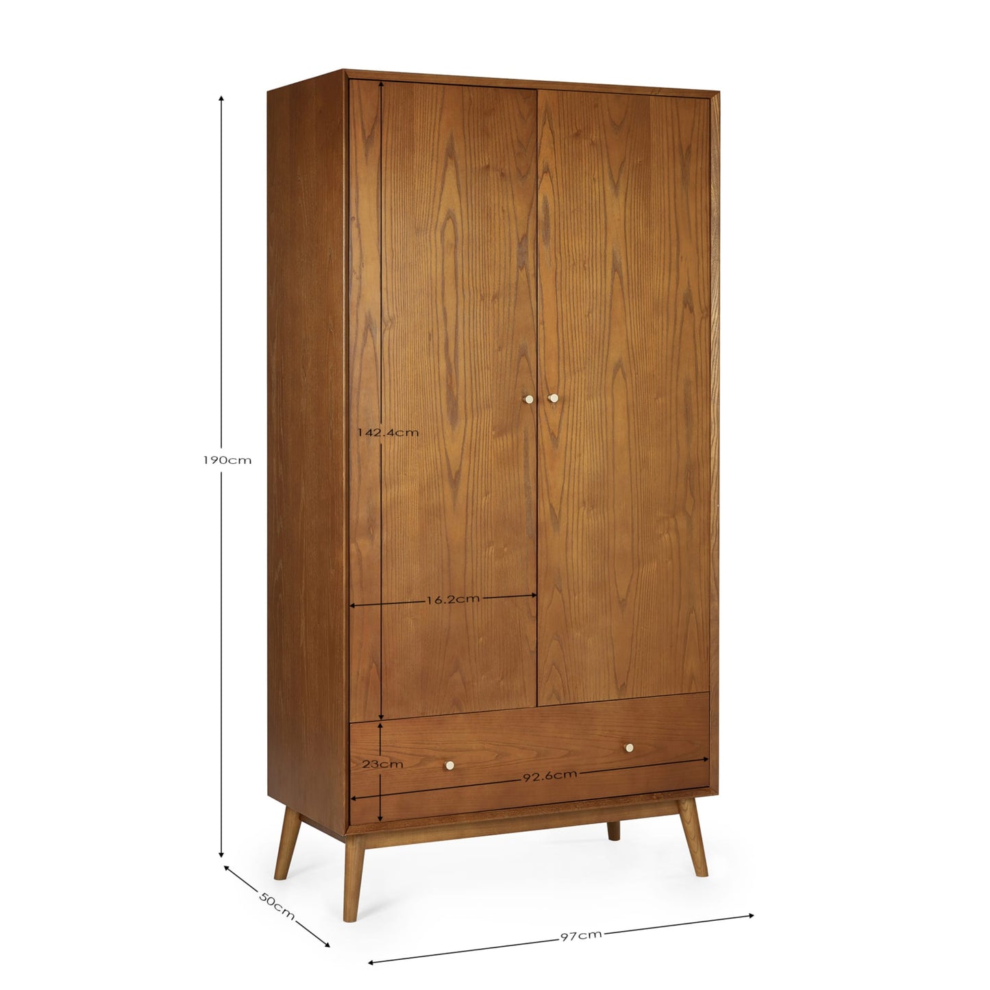 Dimension breakdown diagram for the Lowry Cherry Ash 2 door 1 drawer wardrobe