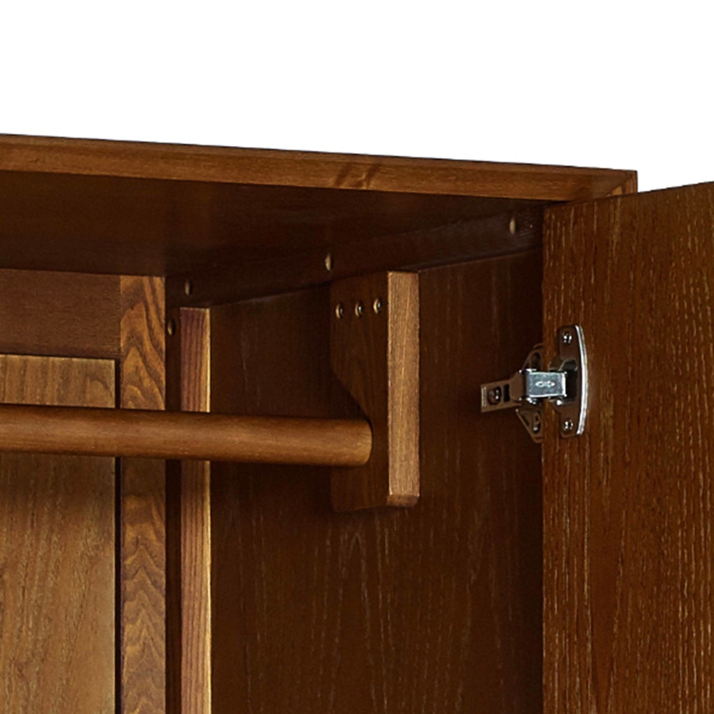 Close-up shot of the internal hanging rail and soft-close door hinges inside the Lowry Cherry Ash wardrobe