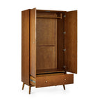 Perspective view of the Lowry Cherry Ash wardrobe with double doors and bottom drawer open displaying storage space