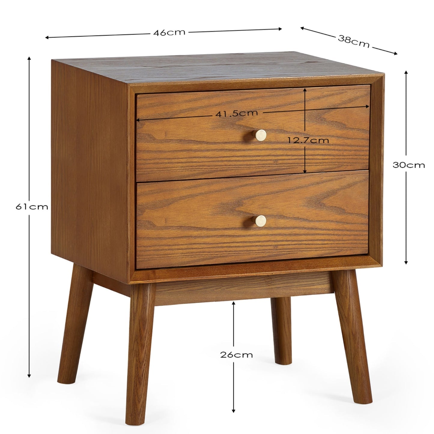 Dimension breakdown diagram for the Lowry Cherry Ash 2 drawer bedside table