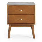 Direct front view studio shot of the Lowry Cherry Ash 2 drawer bedside nightstand