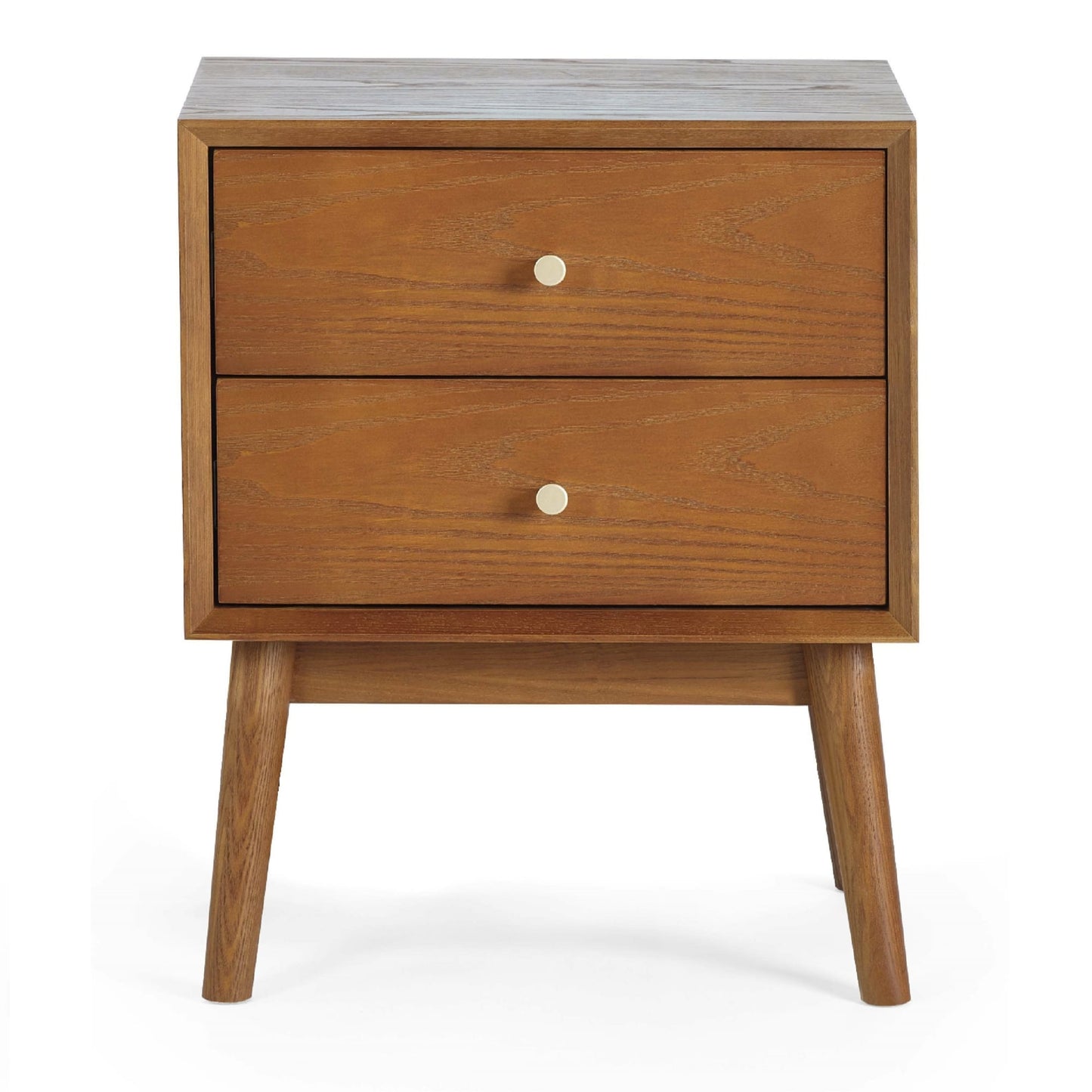Direct front view studio shot of the Lowry Cherry Ash 2 drawer bedside nightstand