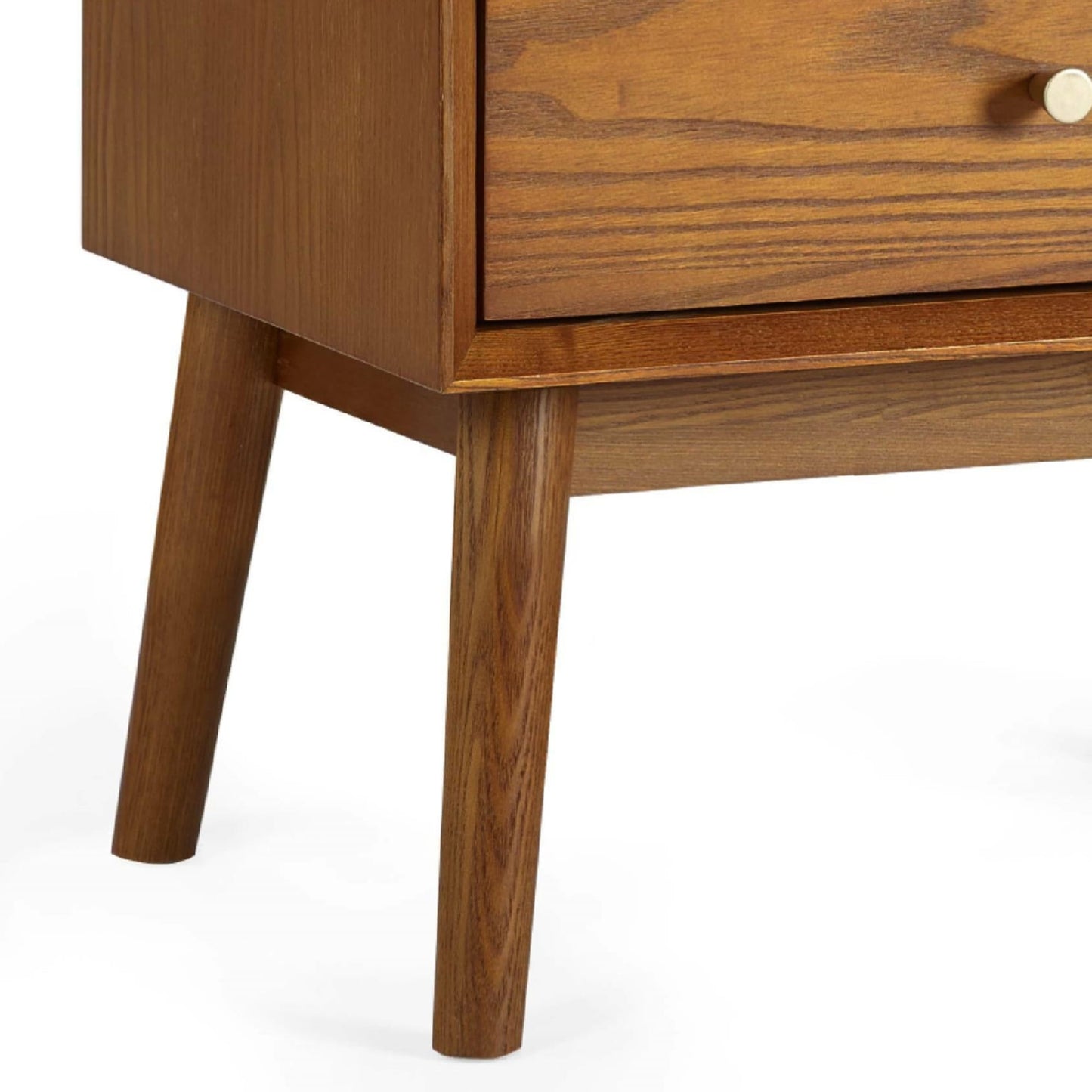 Close-up shot of the brushed gold knob hardware and splayed tapered leg on the Lowry Cherry Ash bedside table
