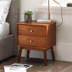 Lowry Cherry Ash 2 drawer bedside table styled next to a bed in a modern bedroom