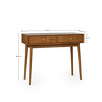 Dimension breakdown diagram for the Lowry 2 drawer writing desk with mid-century tapered legs