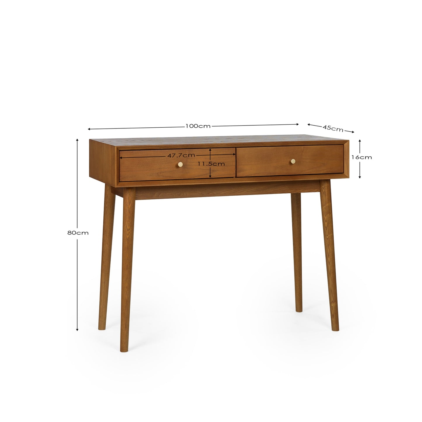 Dimension breakdown diagram for the Lowry 2 drawer writing desk with mid-century tapered legs