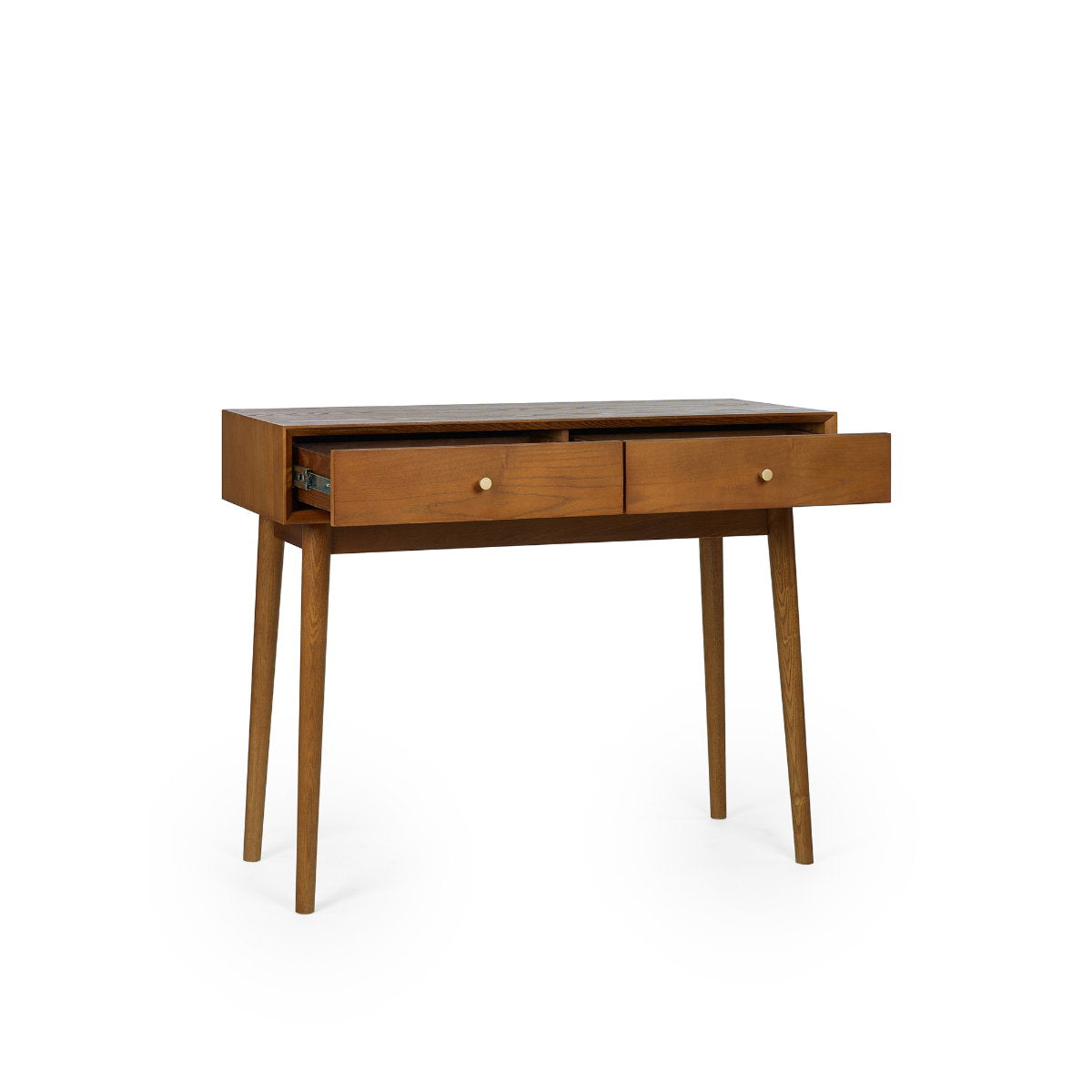 Studio shot of the Lowry writing desk in exquisite cherry ash veneer with an open storage drawer