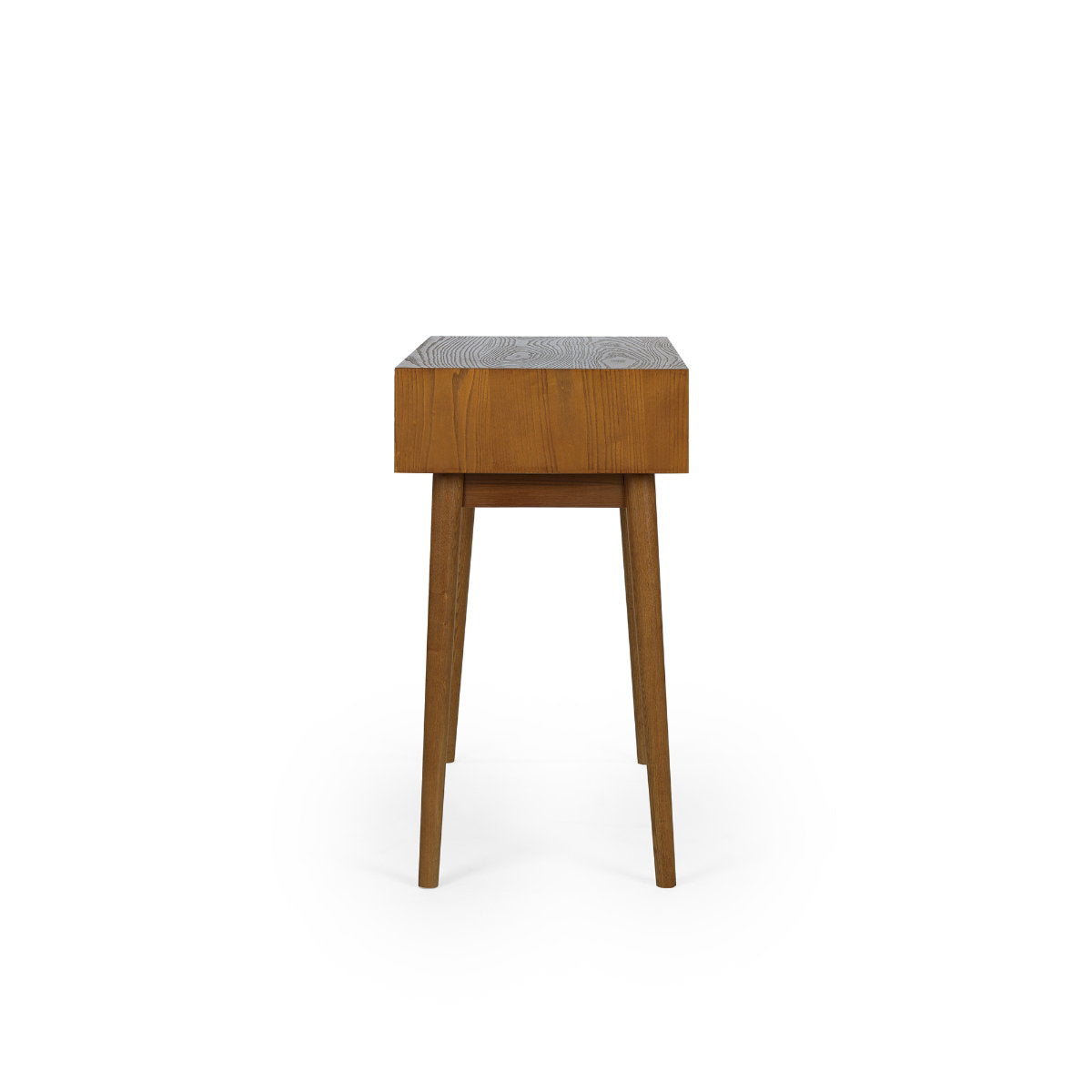 Side profile view showing the slim depth and splayed tapered legs of the Lowry writing desk