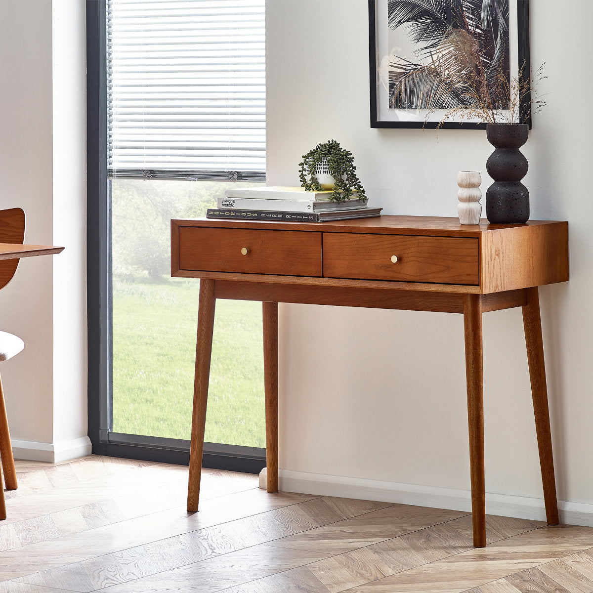 Lowry mid-century writing desk in exquisite cherry ash veneer styled in a bright home office setting