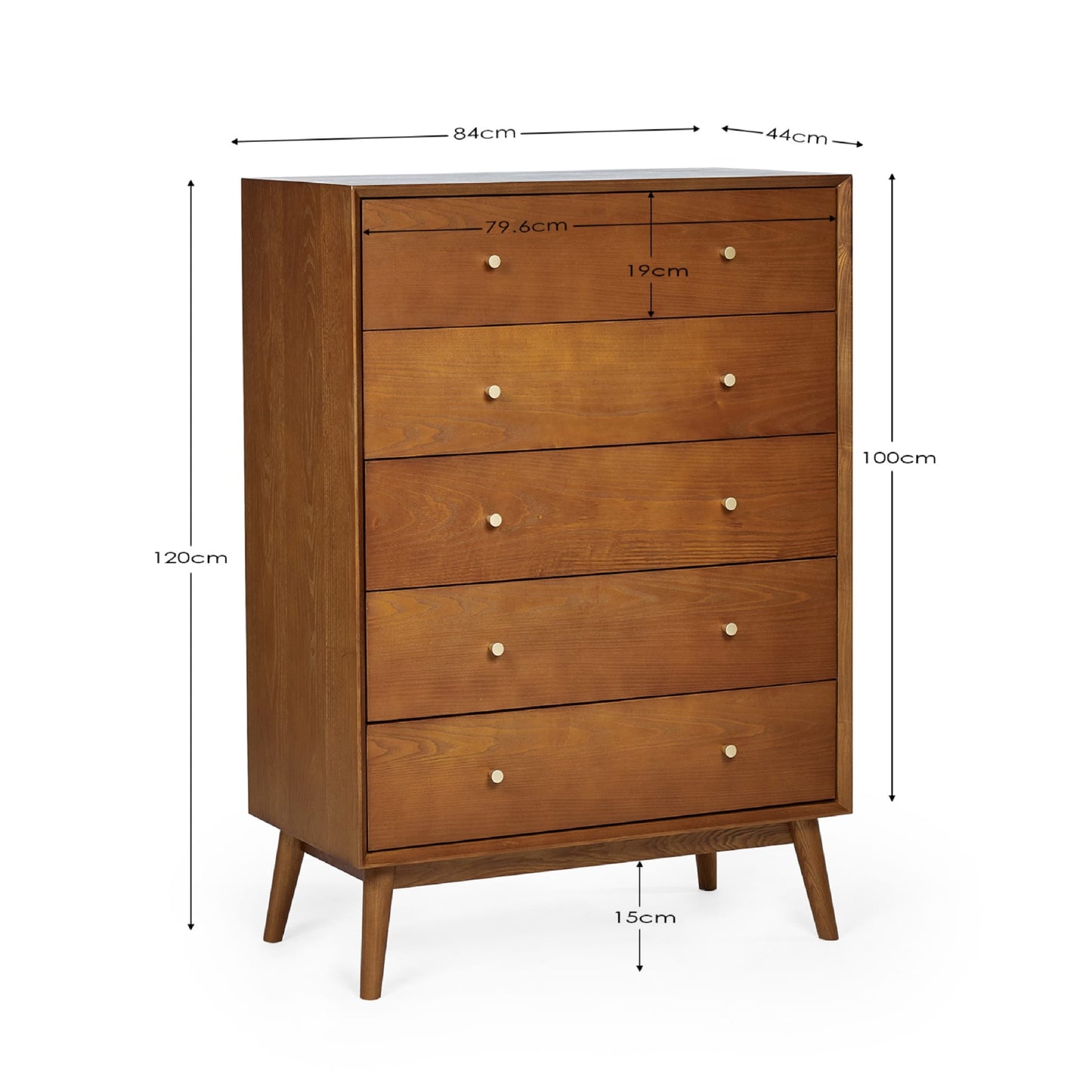 Dimension breakdown diagram for the Lowry Cherry Ash 5 drawer tallboy chest