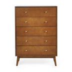 Direct front view studio shot of the Lowry Cherry Ash 5 drawer chest of drawers
