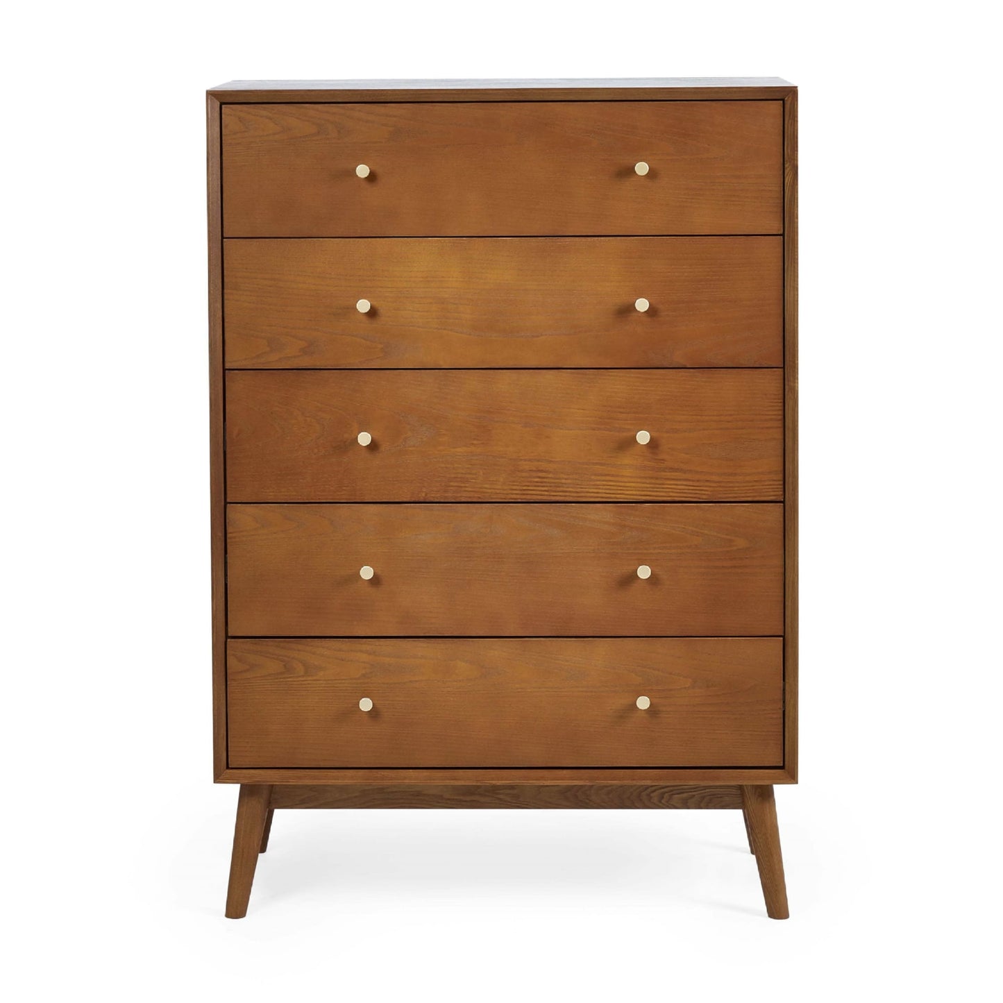 Direct front view studio shot of the Lowry Cherry Ash 5 drawer chest of drawers