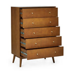 Perspective view of the Lowry Cherry Ash chest showing all five drawers open on metal runners