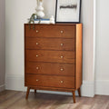 Lowry Cherry Ash 5 drawer tallboy chest styled in a modern bedroom setting