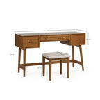 Size measurements and dimension diagram for the Lowry dressing table and stool set.