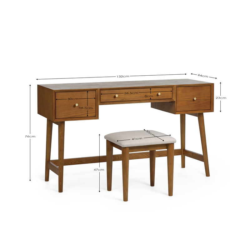 Size measurements and dimension diagram for the Lowry dressing table and stool set.