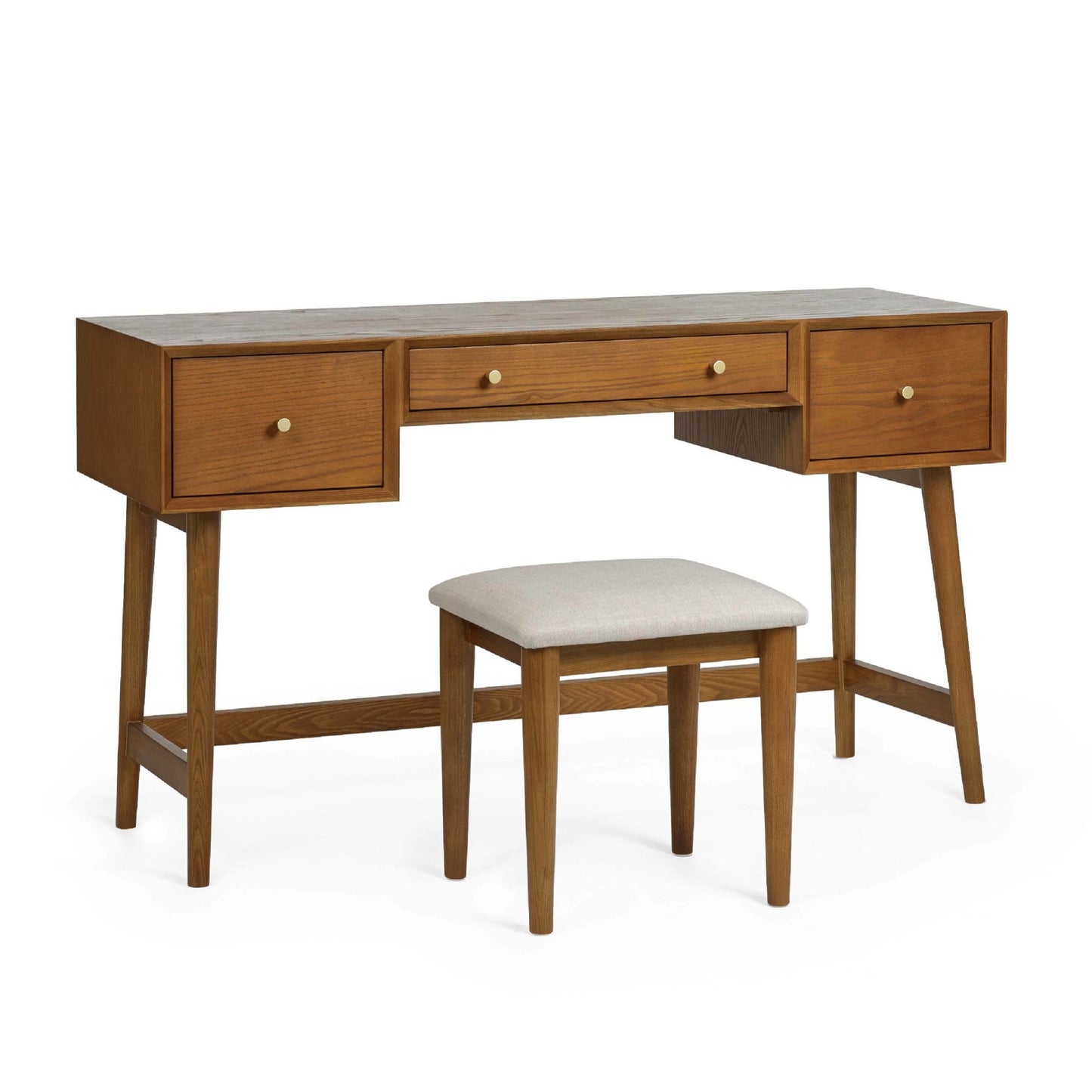 Front angle view of the Lowry mid-century wooden vanity table with matching fabric cushioned stool.