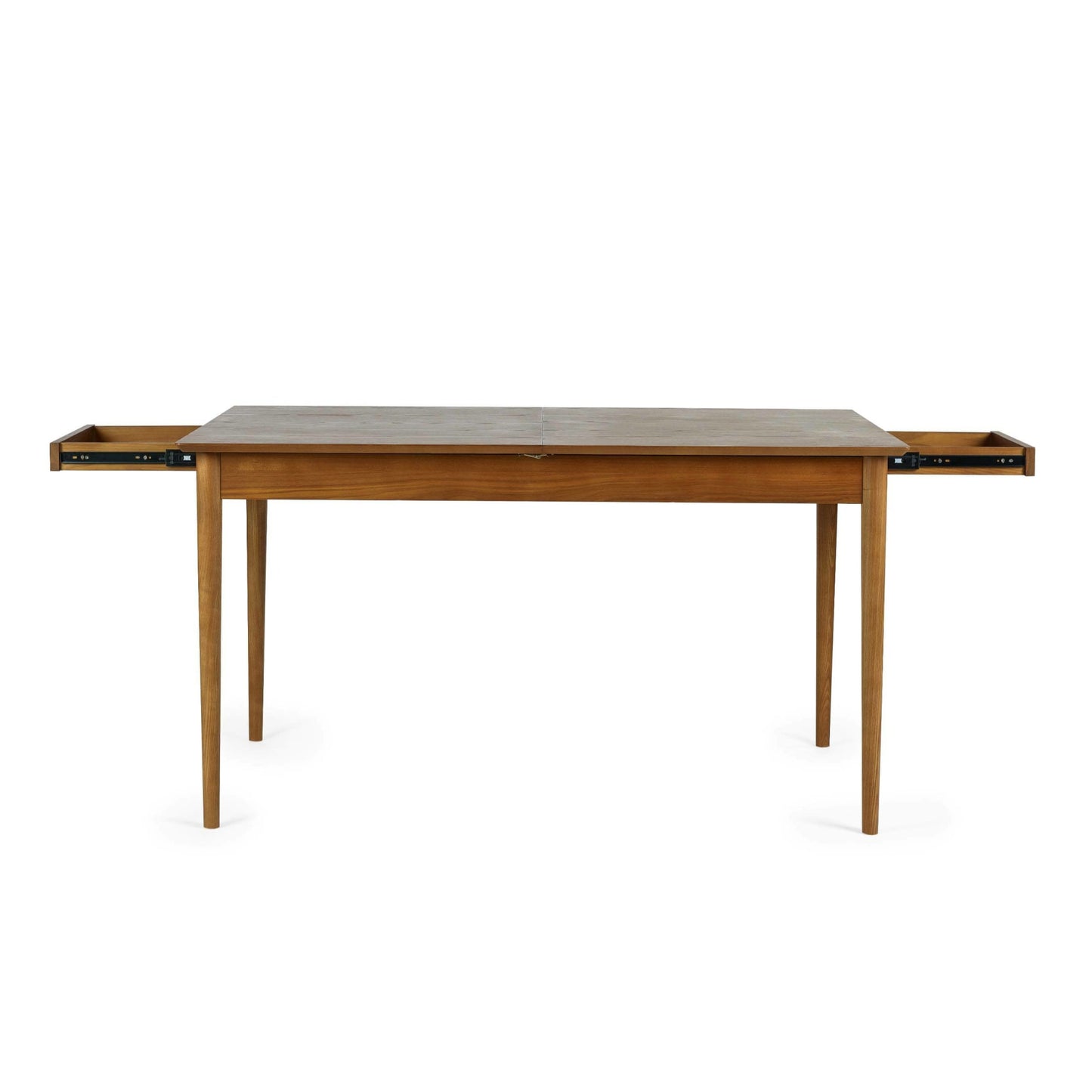 Front view studio shot of the Lowry dining table with the butterfly extension mechanism fully opened