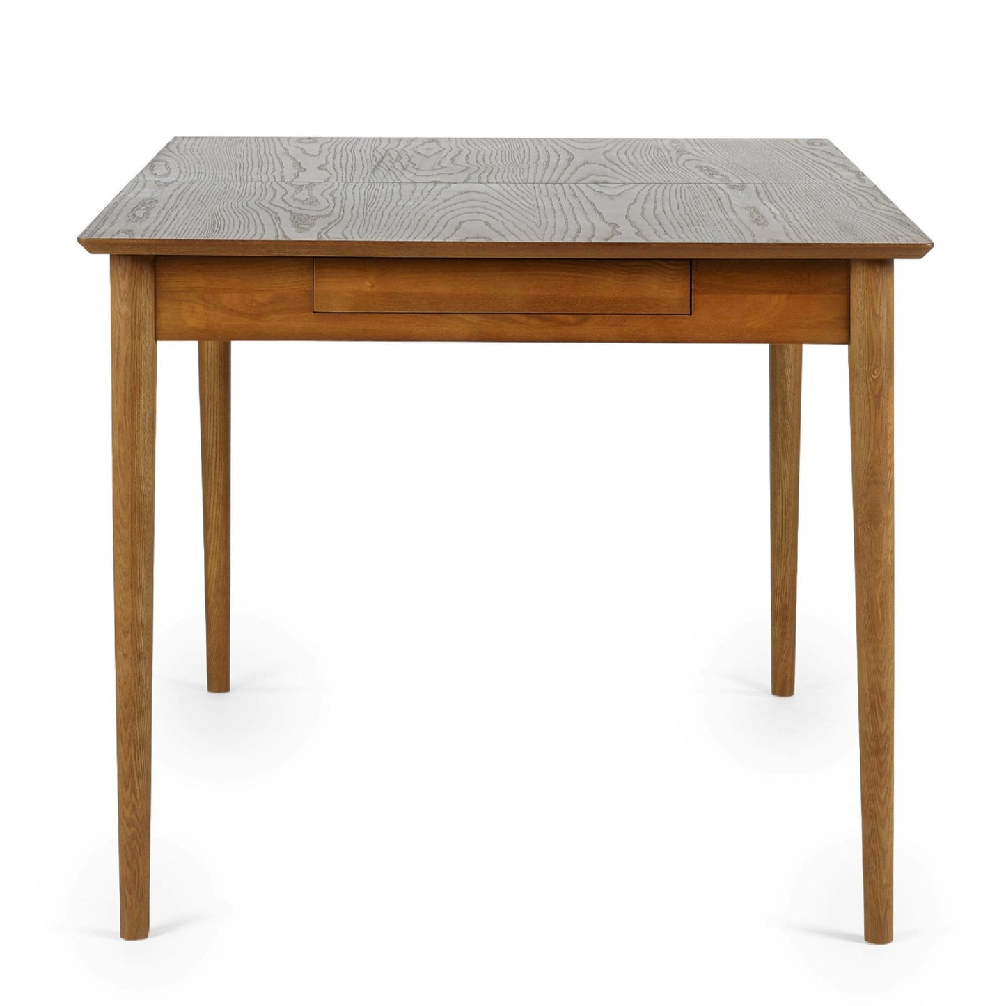 Side profile view showing the slim end apron and splayed tapered legs of the Lowry dining table