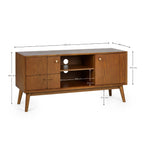 Dimension breakdown diagram for the Lowry TV media unit with mid-century tapered legs