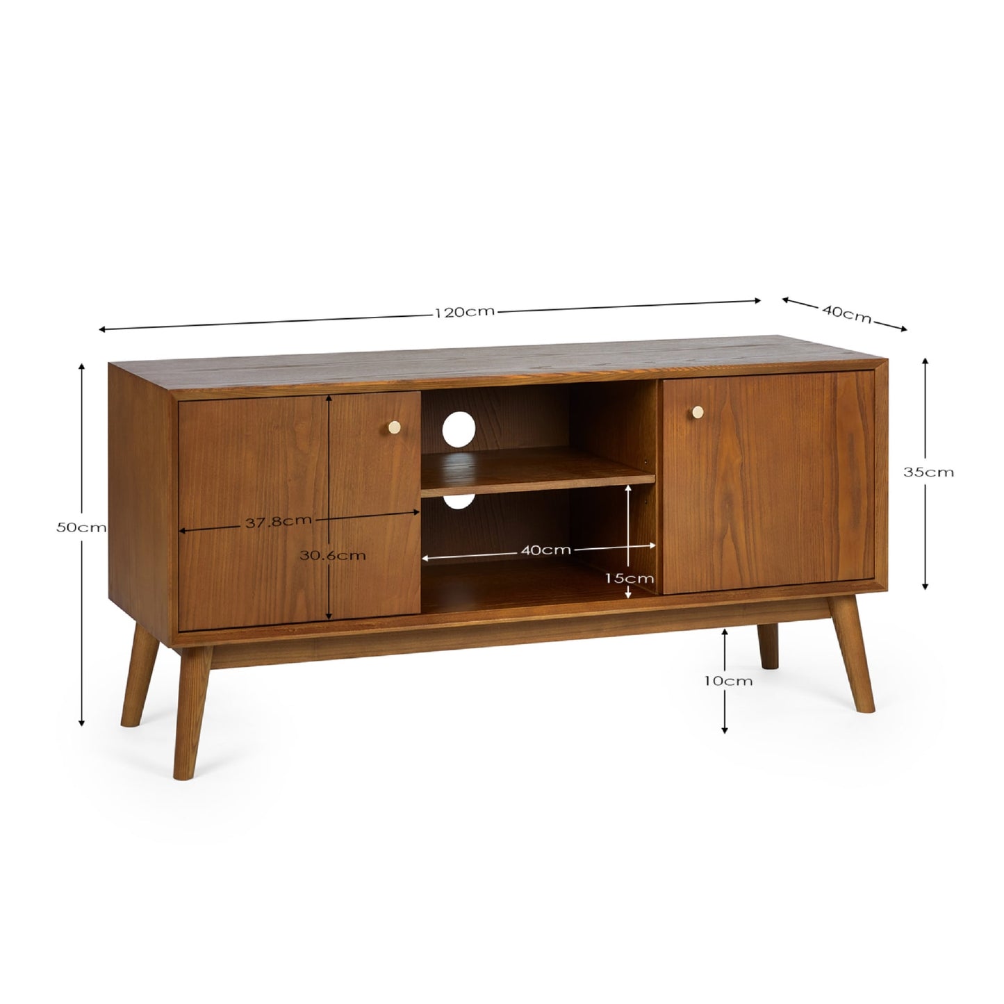 Dimension breakdown diagram for the Lowry TV media unit with mid-century tapered legs