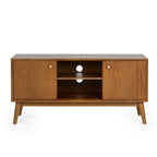 Front view studio shot of the Lowry media unit showing open central shelving and side cupboard doors