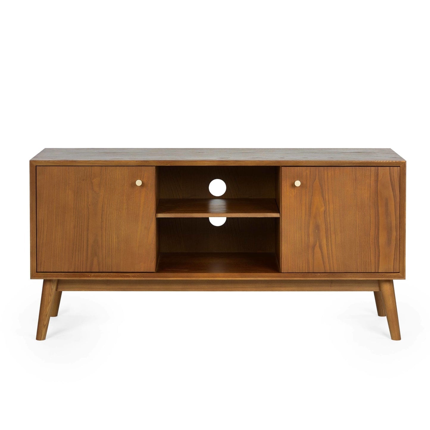 Front view studio shot of the Lowry media unit showing open central shelving and side cupboard doors